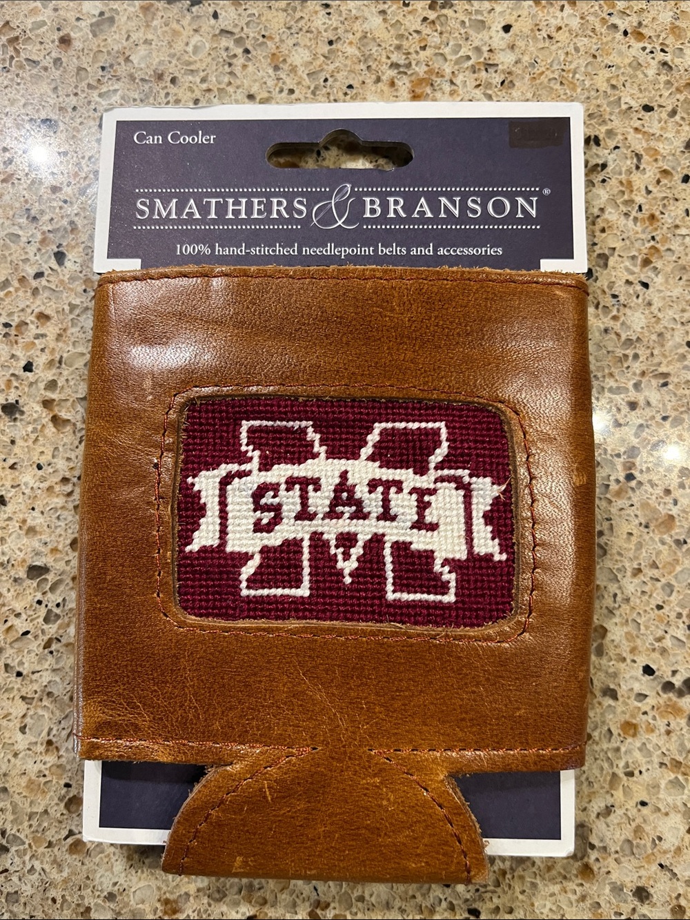 Smathers & Branson Brown Leather Can Cooler with Maroon Needlepoint Patch